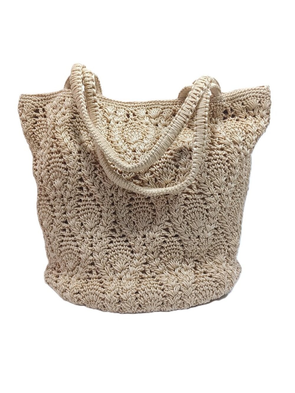The Sak Hand Crochet Tan Shoulder Bag Double Strap 10"x12"x9" with 9" drop - Picture 3 of 9